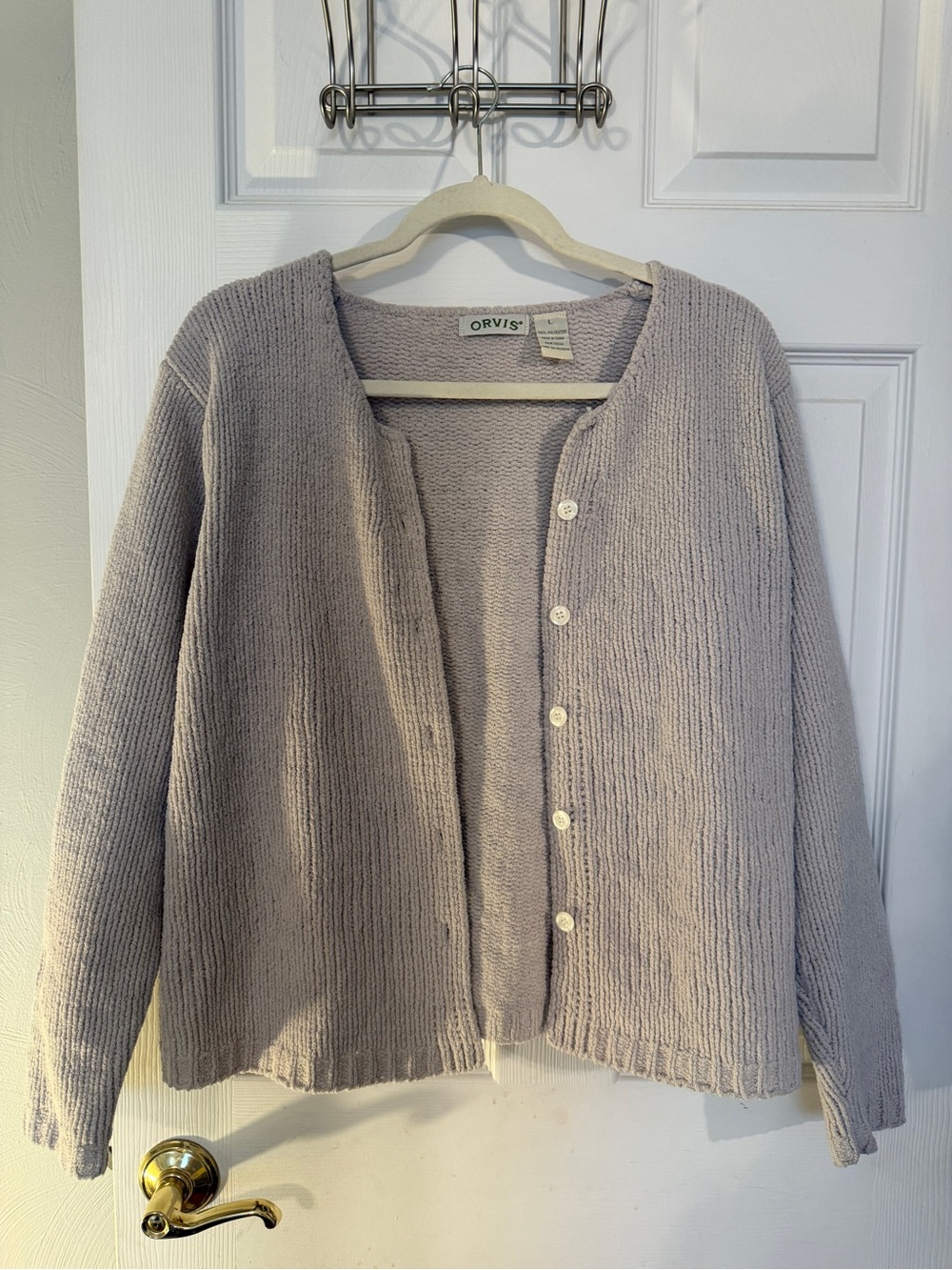 Orvis Women’s Light Gray/ Cream Button-Front Knit Sweater L Soft Chenille